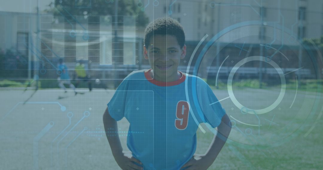 Young Soccer Player with Futuristic Digital Overlay on Field