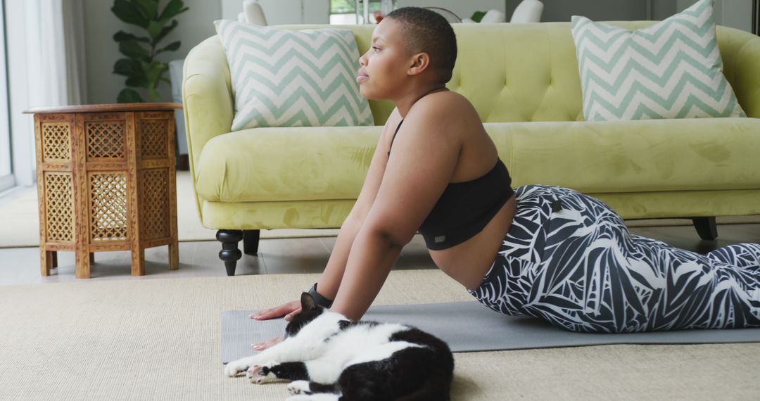 Young Woman Doing Yoga with Cat in Living Room Morning Routine - Free Images, Stock Photos and Pictures on Pikwizard.com