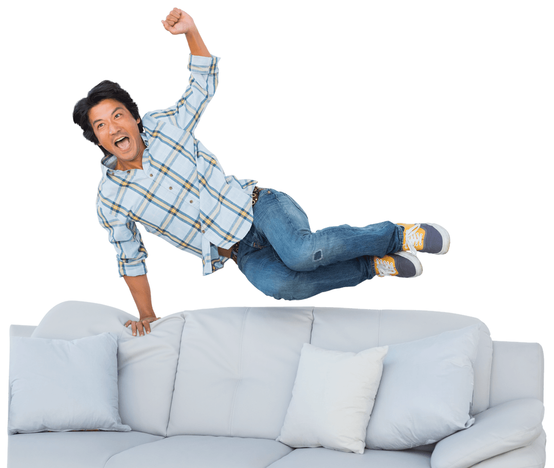 Excited Fan Leaping Over Couch on Transparent Background