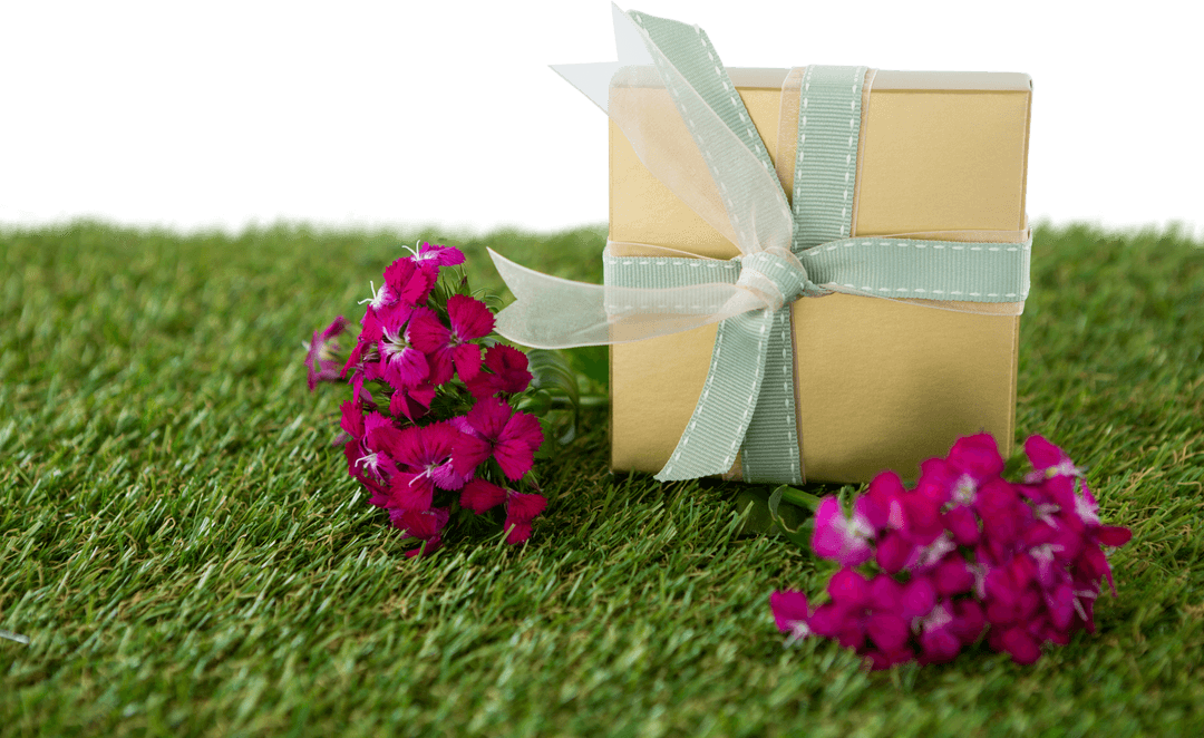 Elegant Gift Box with Pink Flowers on Transparent Grass Field Background