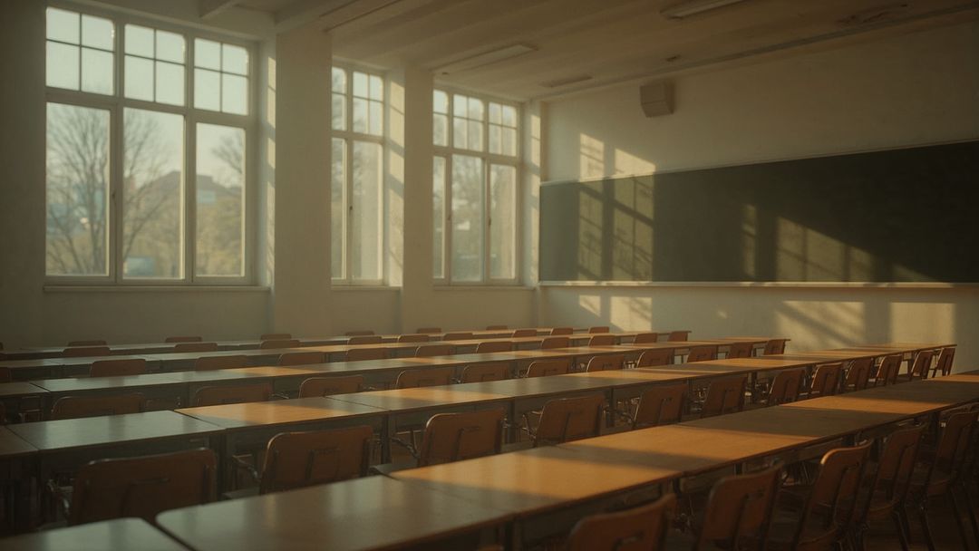 Empty Classroom with Wooden Desks and Sunlit Chalkboard