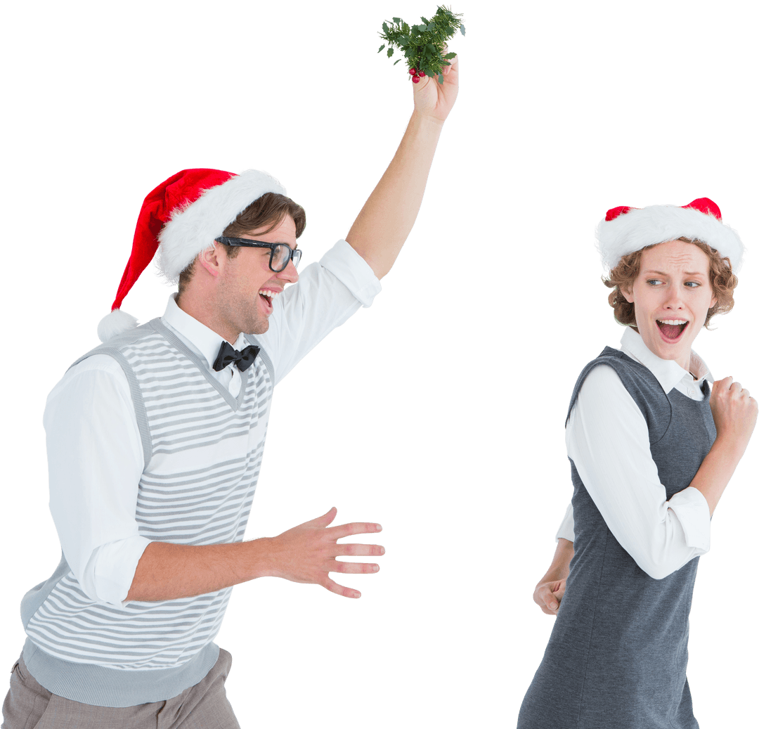 Geeky Couple in Festive Sweaters with Mistletoe on Transparent Background