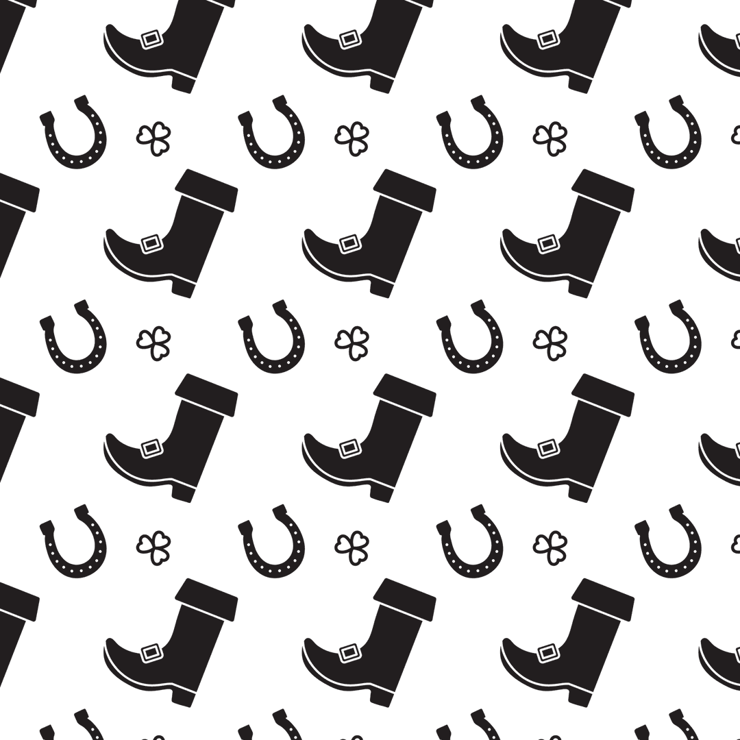 Black Pattern of Shamrocks and Horseshoes on Transparent Background