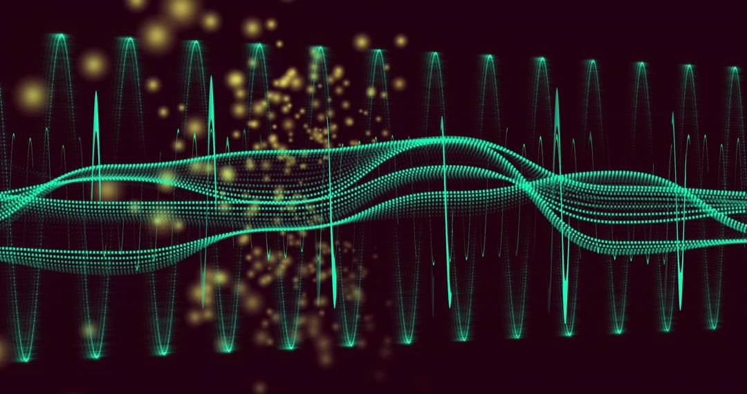 Flowing Teal Waveform Ribbons and Neon Spikes with Gold Bokeh for Data Visualization