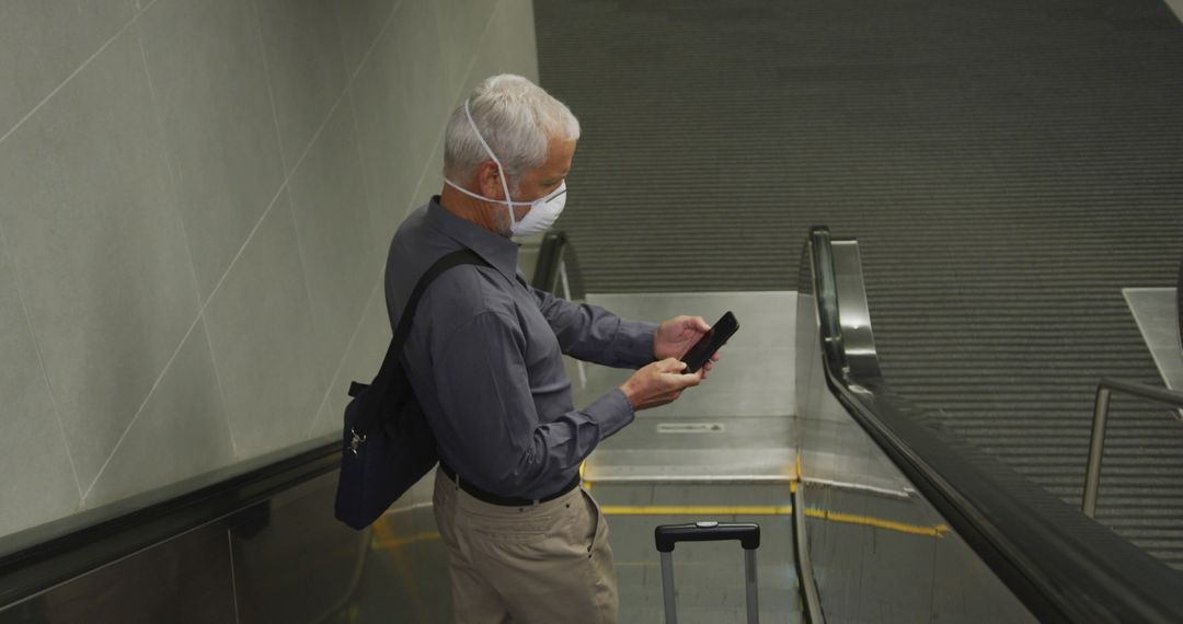 Mature Man Wearing Mask Standing on Escalator Using Smartphone - Free Images, Stock Photos and Pictures on Pikwizard.com