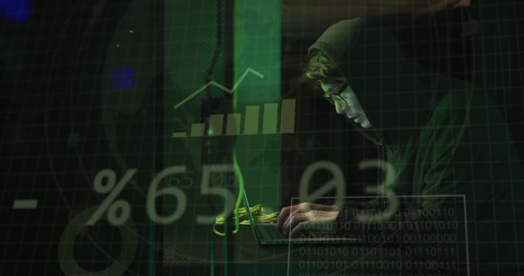 Hacker in Hooded Sweatshirt Analyzing Data in Dimly Lit Room
