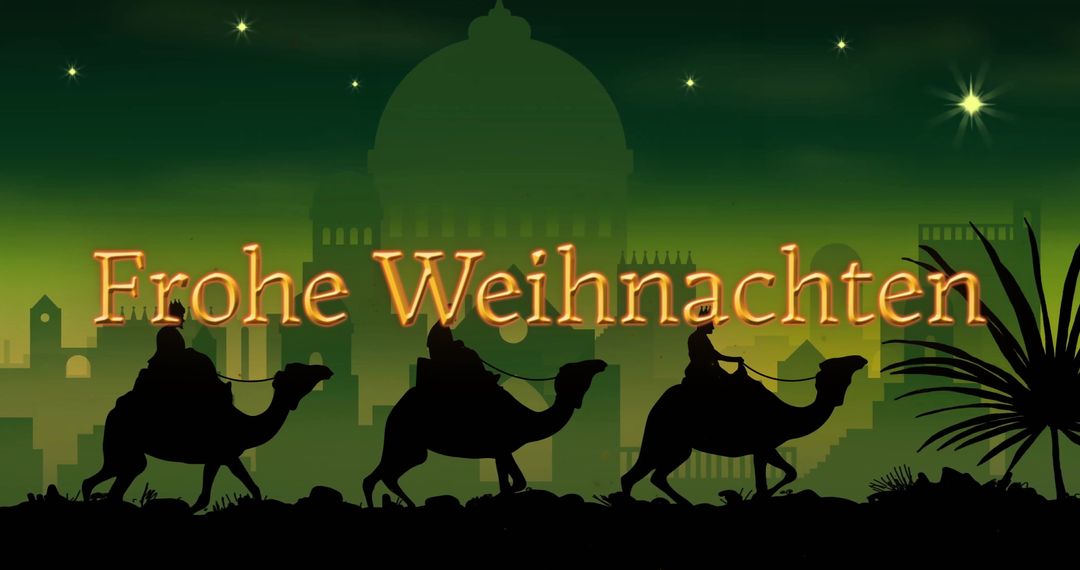 Frohe Weihnachten Text with Three Kings in Nativity Scene