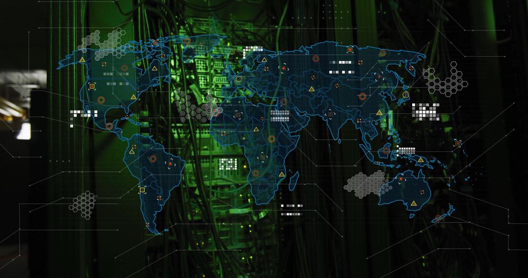 Global Network Data Points in Futuristic Server Room