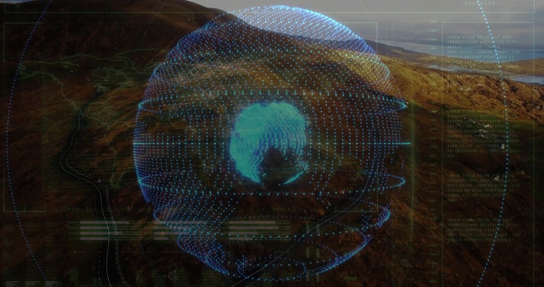Holographic Globe with Futuristic Overlays over Rocky Valley