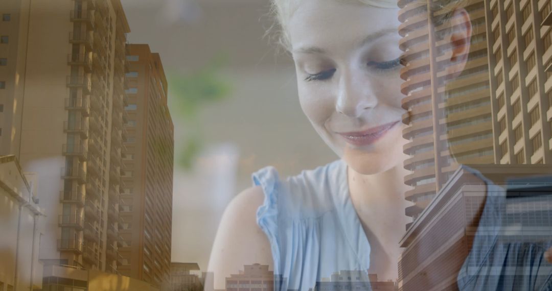 Smiling Woman Using Laptop with Cityscape Background