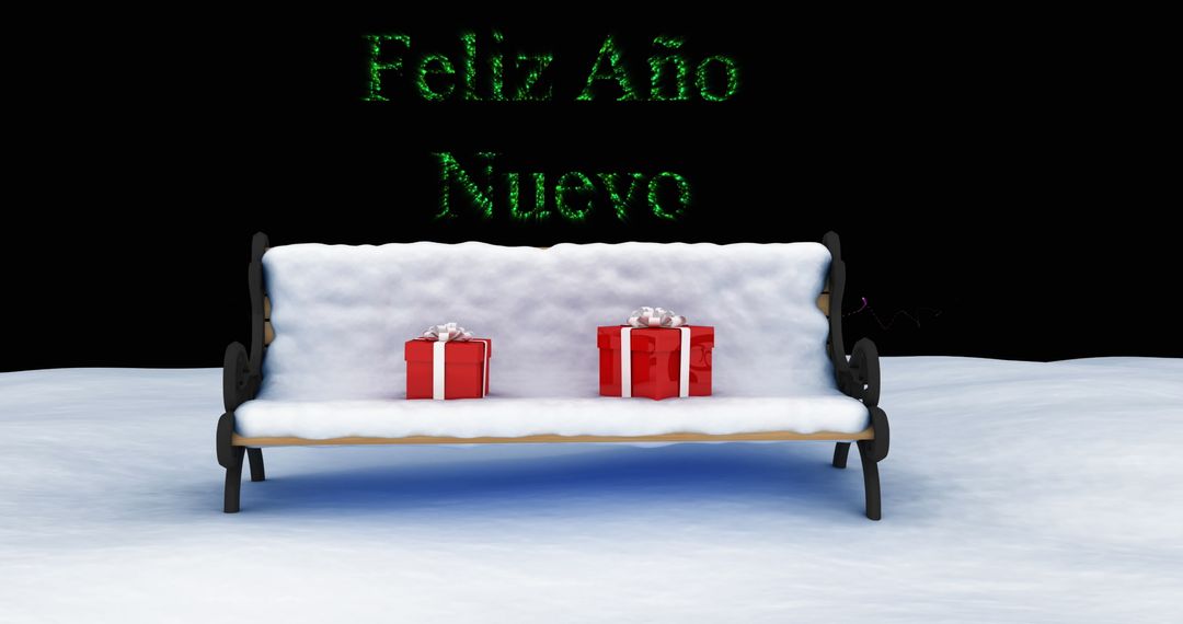 Feliz Año Nuevo text over snow-covered bench holding gifts at night - Free Images, Stock Photos and Pictures on Pikwizard.com