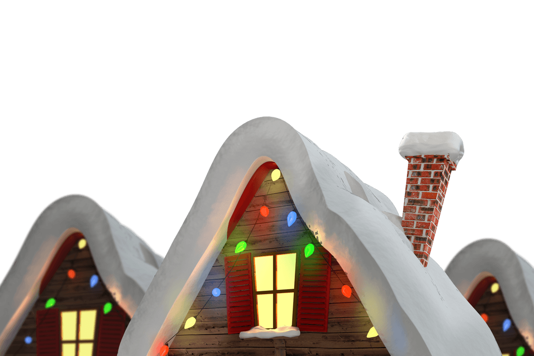 Snowy House Roofs with Colorful Christmas Lights on Transparent Background