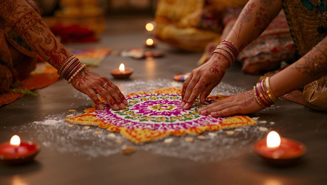 Women Creating Rangoli with Diyas in Cultural Festive Setting