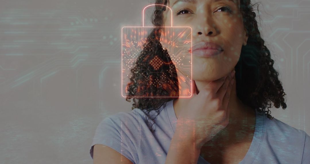 Digital Lock Concept with Woman Touching Her Throat in Technology Interface