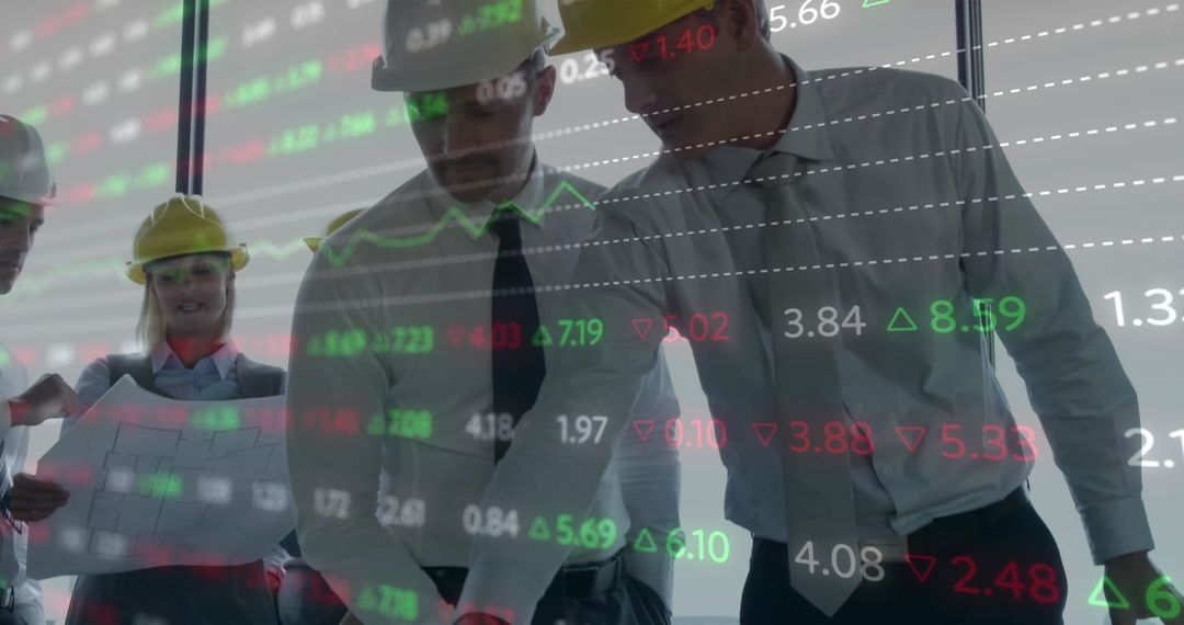 Business Team Collaborating with Financial Data Overlay