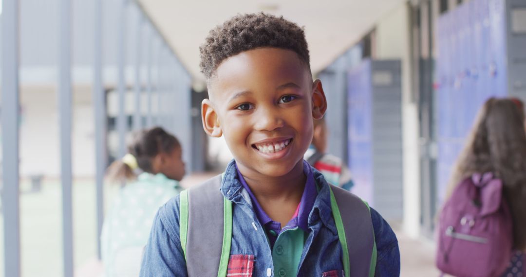 Smiling African American Boy with Backpack at School