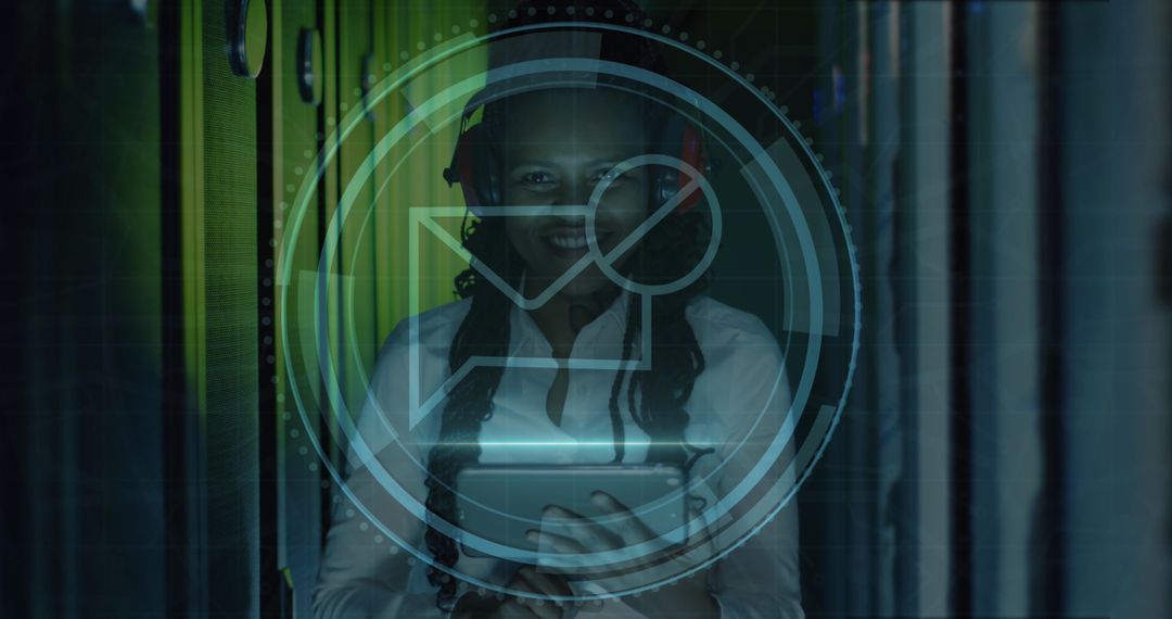 Cybersecurity Engineer Monitors Server Data with Tablet