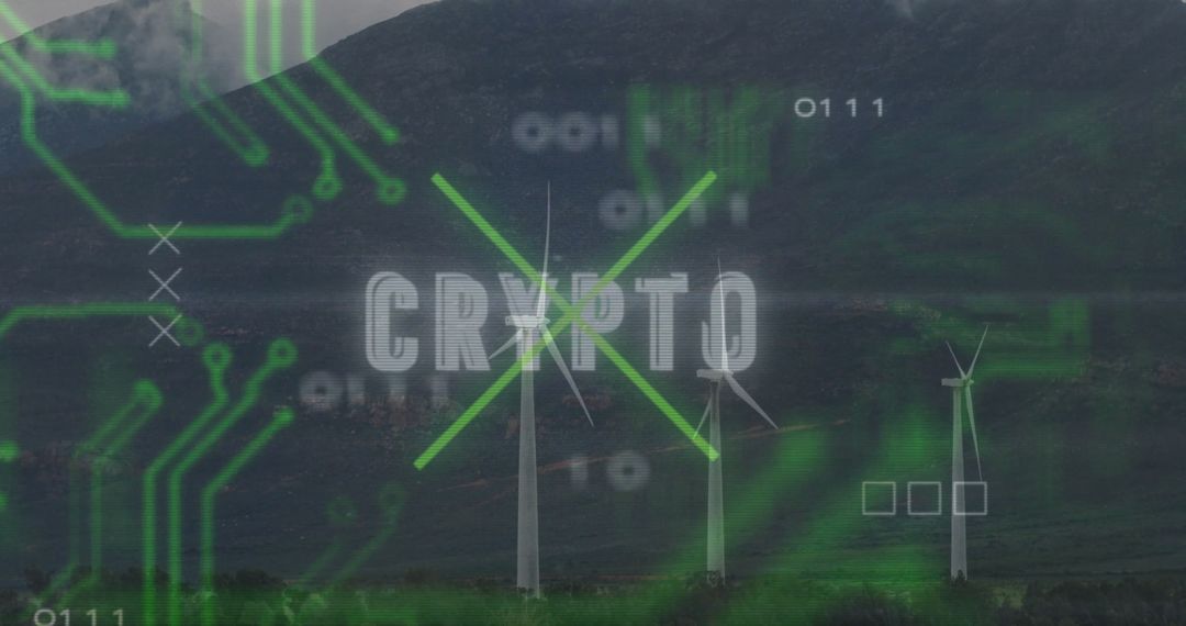 Wind Turbines with Digital Crypto Overlay Illustrating Renewable Technology