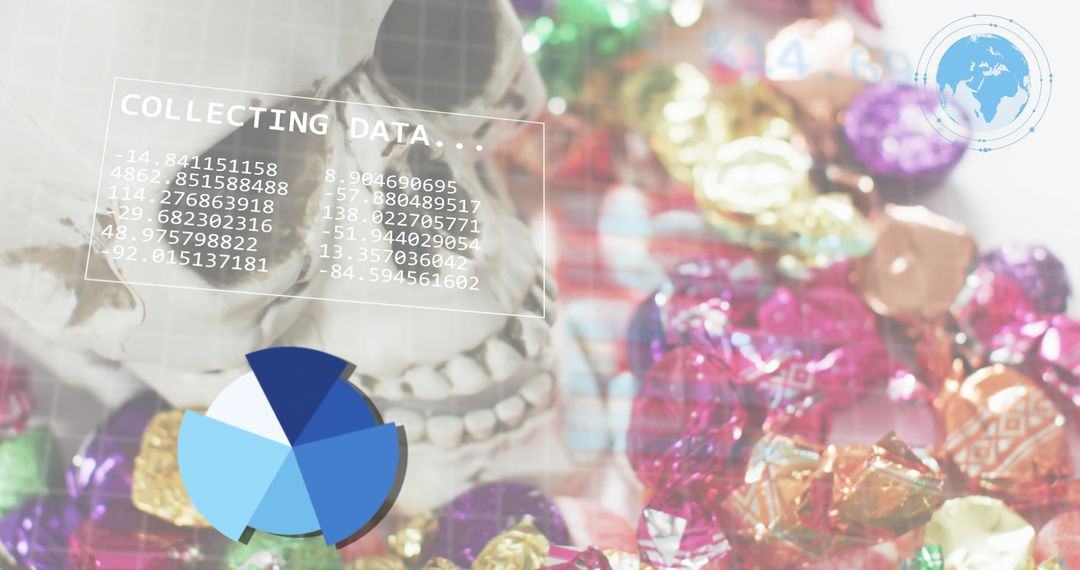 Skull with Data Overlays and Colorful Foil Wrappers Blending Science and Consumer Culture
