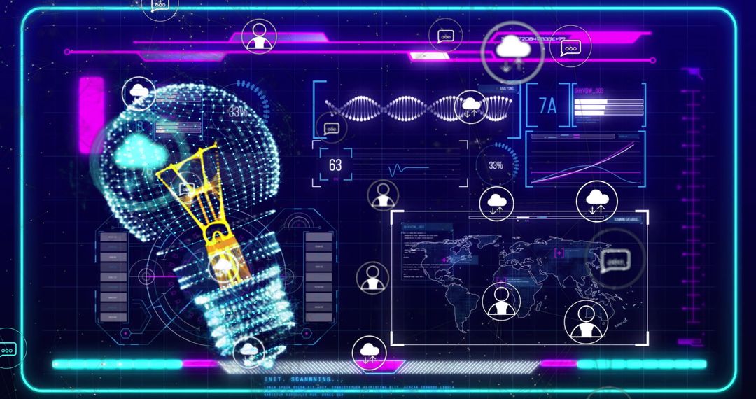 Digital Lightbulb and Media Icons with World Map in Futuristic Interface