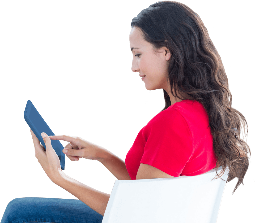 Smiling Woman Engaging with Tablet on Transparent Background