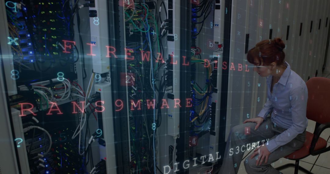 Woman Monitoring Data Center Servers with Cybersecurity Overlay