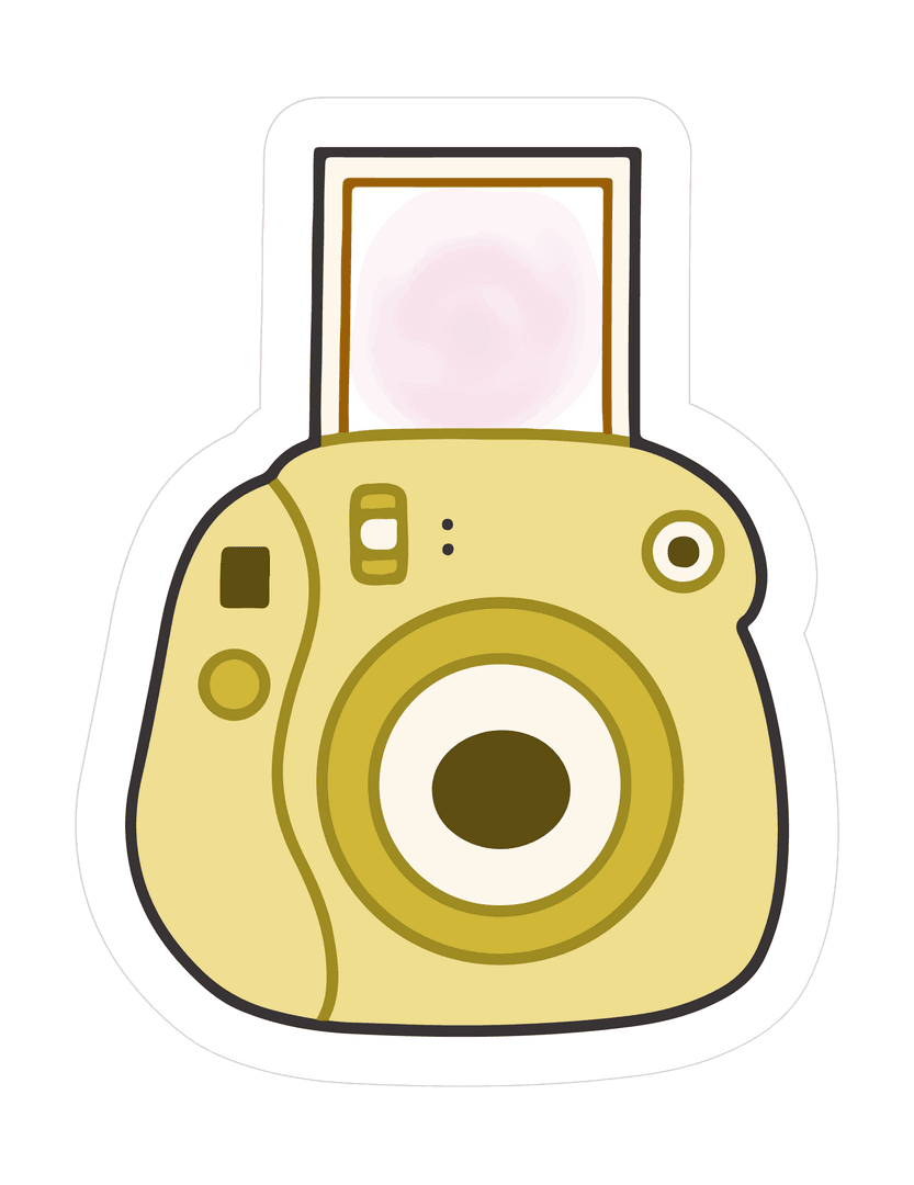 Yellow Instant Camera Sticker with Pink Print on Transparent Background