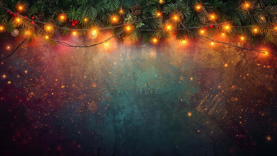 Hanging fir garland glowing with warm string lights and bokeh on textured holiday backdrop