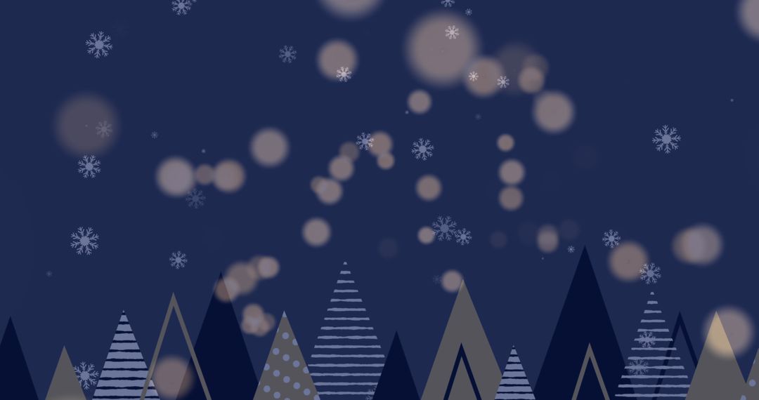 Festive Snowfall and Lights Over Graphic Trees on Blue