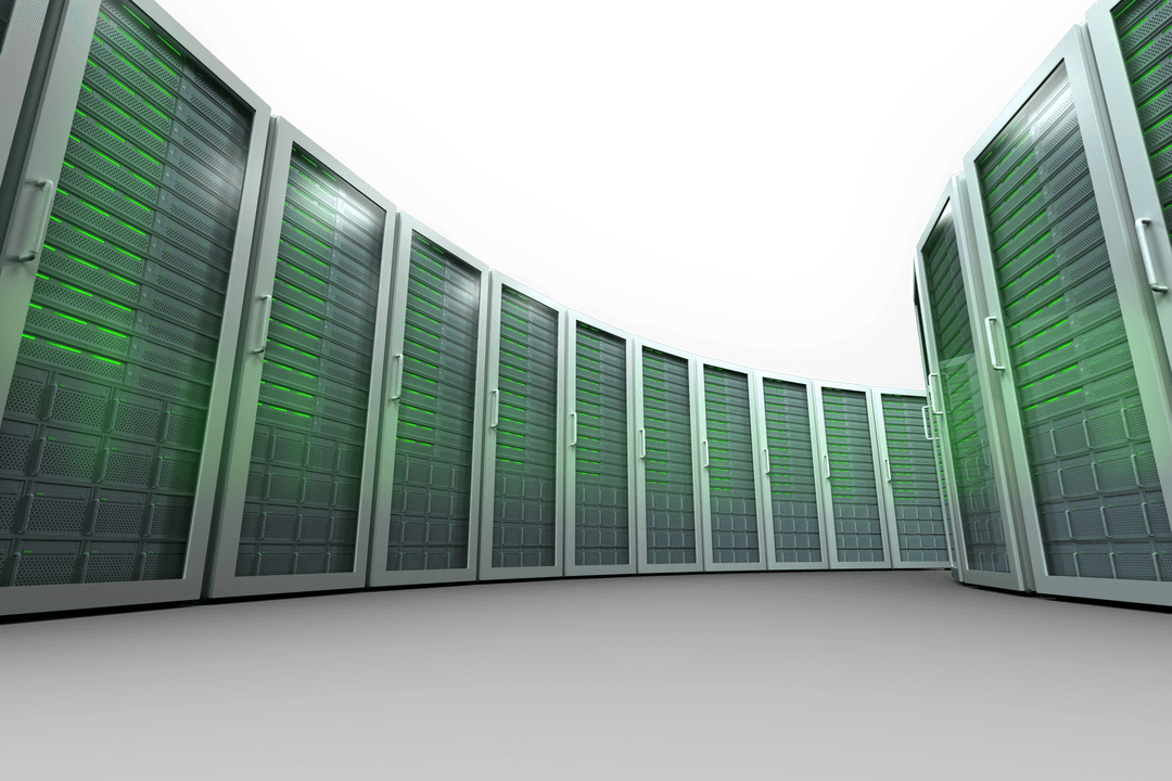 Digital Transparent Server Room with Green Lighting in Curve Formation