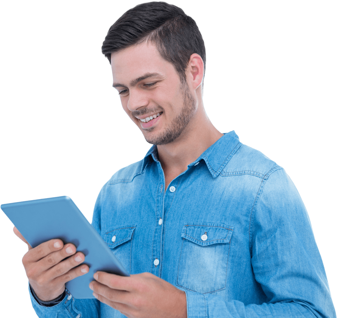 Man in Denim Shirt Using Transparent Digital Tablet