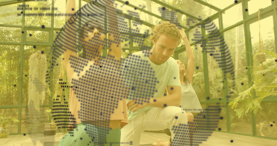 Trio Practicing Yoga and Stretching in Glass Greenhouse Conservatory with Globe Overlay