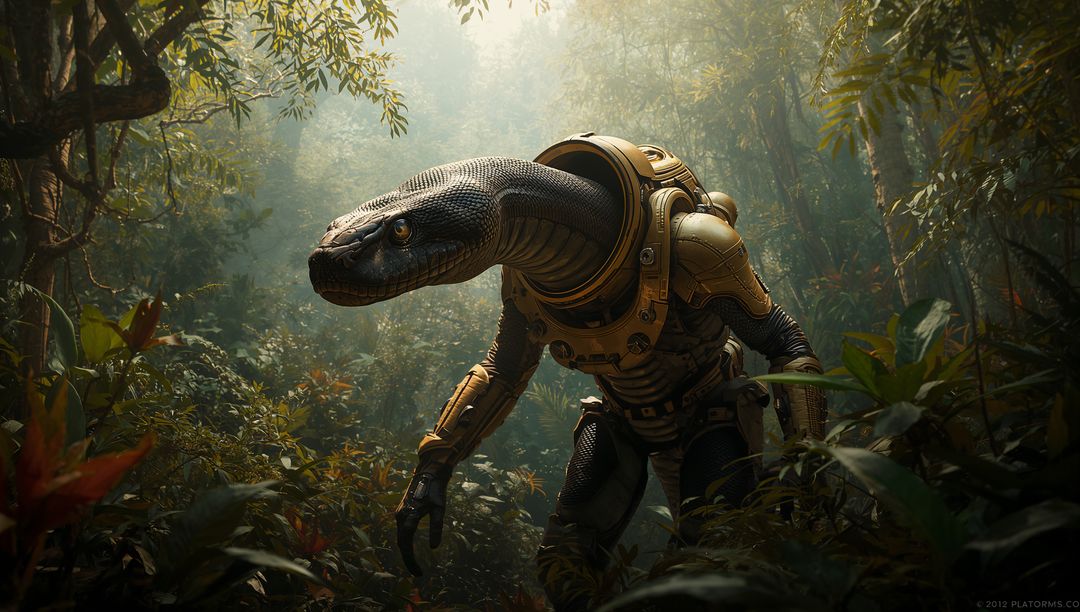 Crouching Serpentine Explorer in Armored Exosuit Navigating Misty Jungle Canopy Backlit