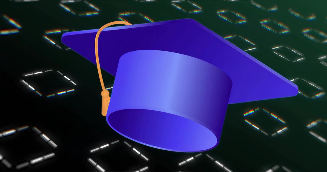 Purple Graduation Cap Floating Over Neon Digital Grid, Virtual Learning and Achievement