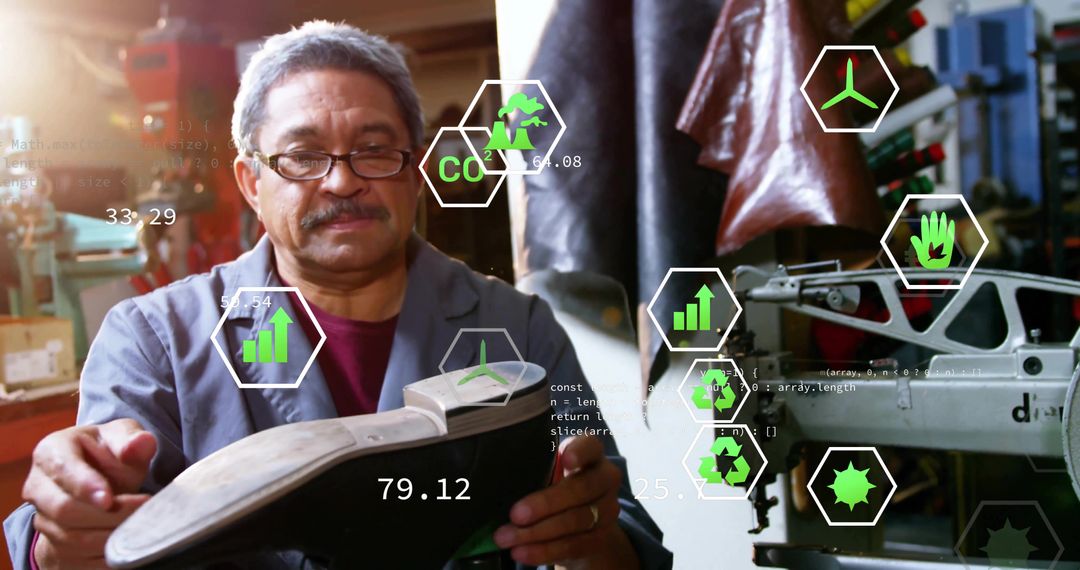 Technician Examining Shoe Prototype with Sustainability and Technology Icons