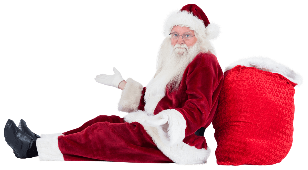 Confused Santa Sitting with Red Gift Bag Transparent Background
