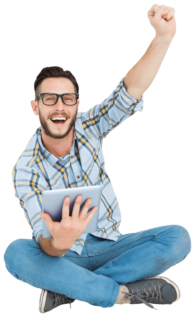 Enthusiastic Young Man Celebrating With Tablet Transparent Background