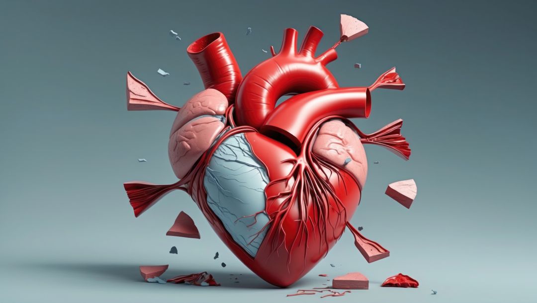 Exploding 3d anatomical heart with vessels and rupturing shards, cardiovascular diseases concept
