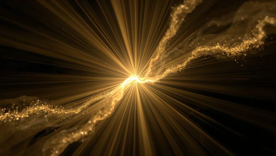 Golden energy burst radiating core with glittering particle ribbons and radial light beams