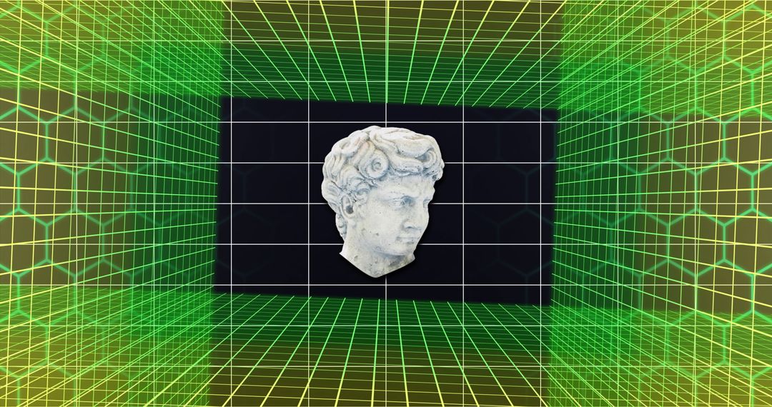3D Classical Statue Head Digital Art on Geometric Grid Background