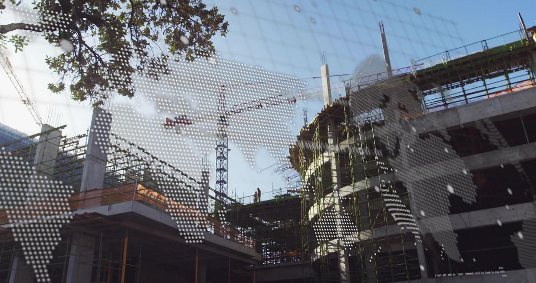 Construction Worker Inspecting Building Site with Crane and Blueprints