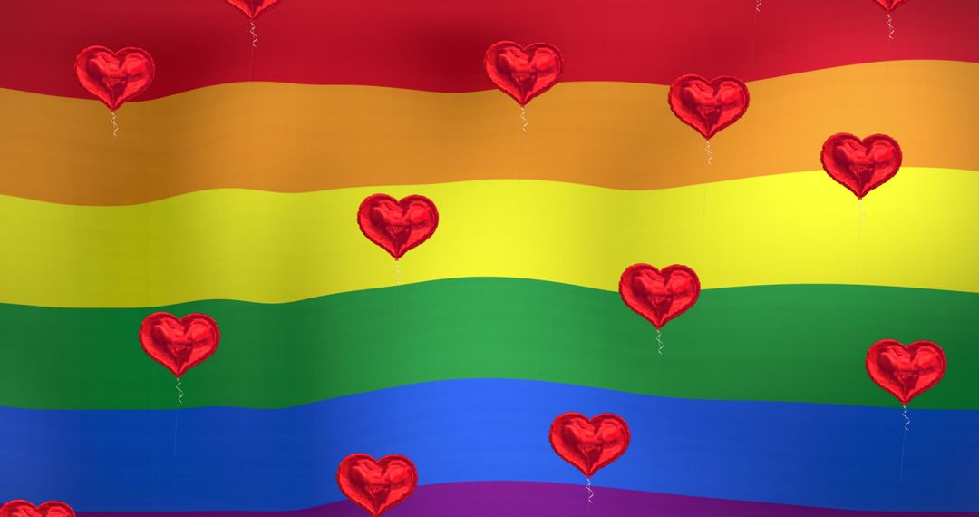 Floating Heart Balloons on Vibrant Rainbow Flag Background