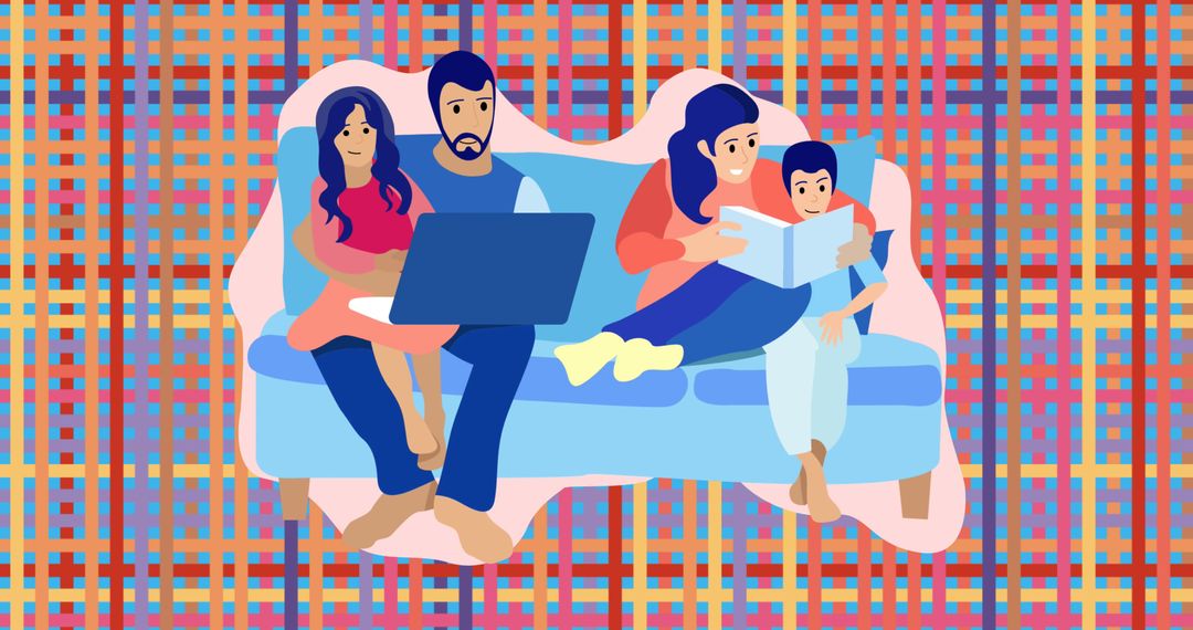 Happy Family Relaxing on Couch with Laptop and Book