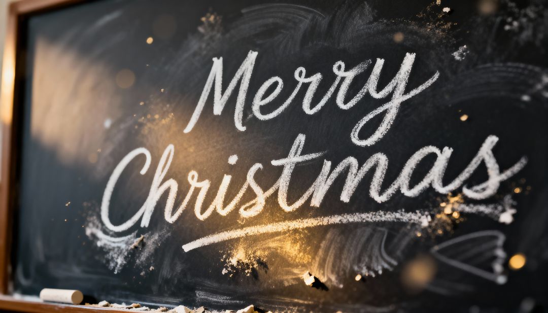 Hand-lettered Merry Christmas Chalkboard with Warm Bokeh Glow for Rustic Holiday Display