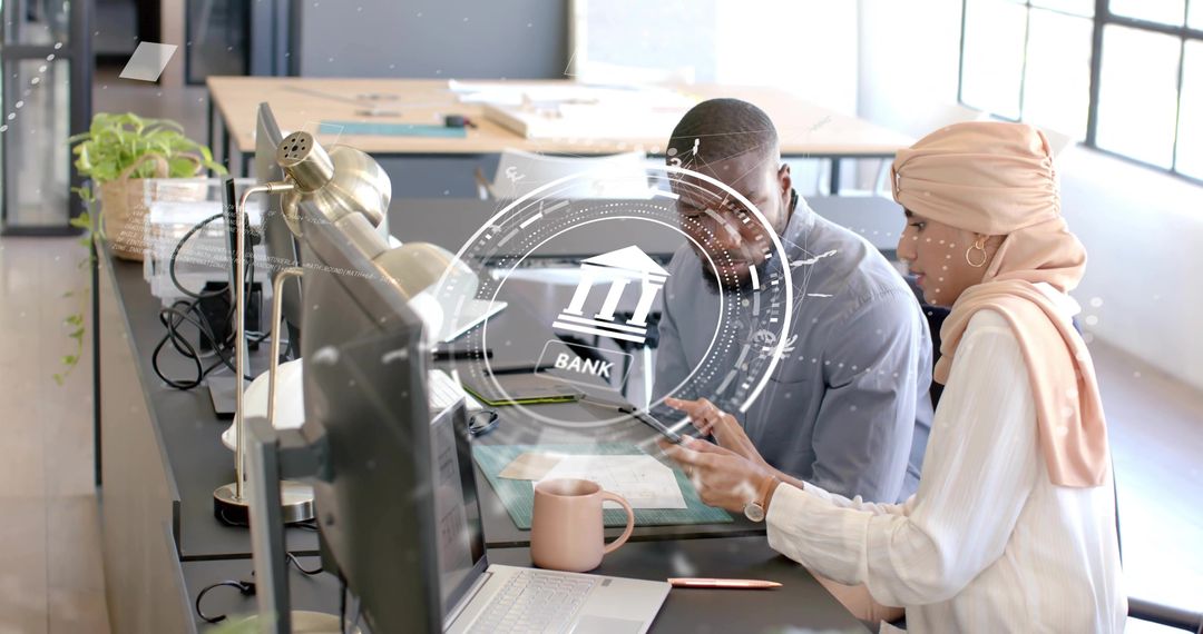 Diverse Fintech Team Collaborating with Digital Technology Overlay