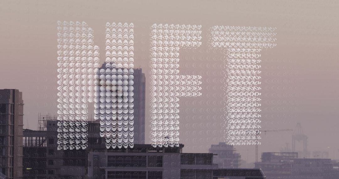 NFT Text Forming Over Cityscape Skyline