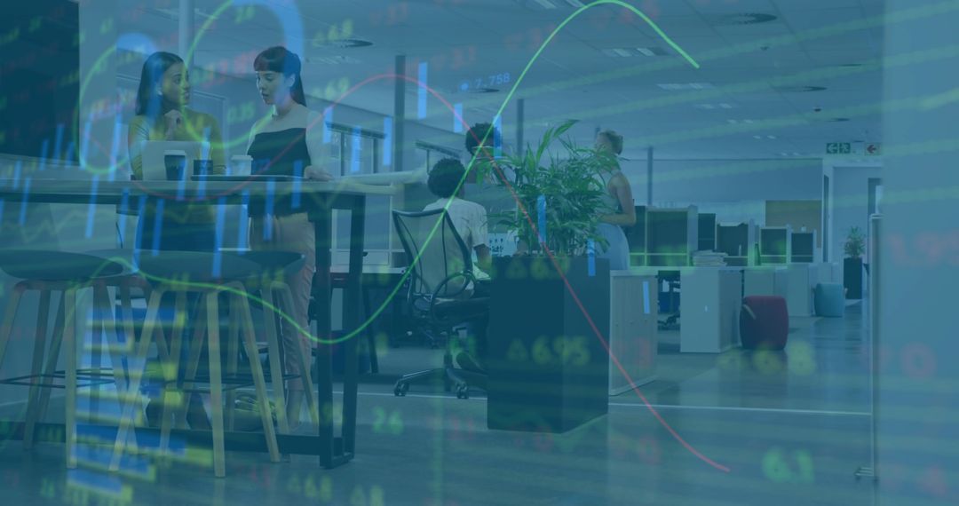 Colleagues collaborating at high table in open-plan office with analytics overlay