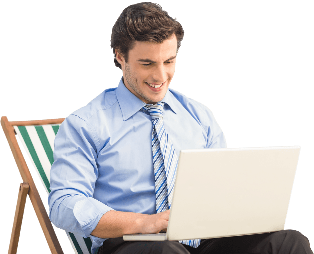 Transparent Businessman Smiling with Laptop on Deck Chair