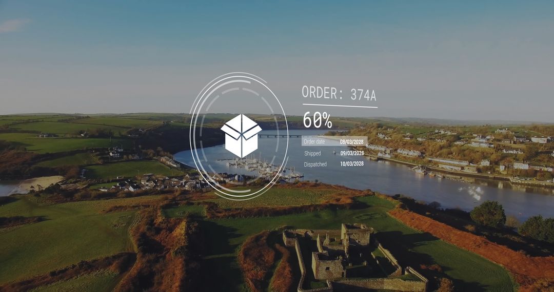 Data Processing Overlay on Countryside Landscape