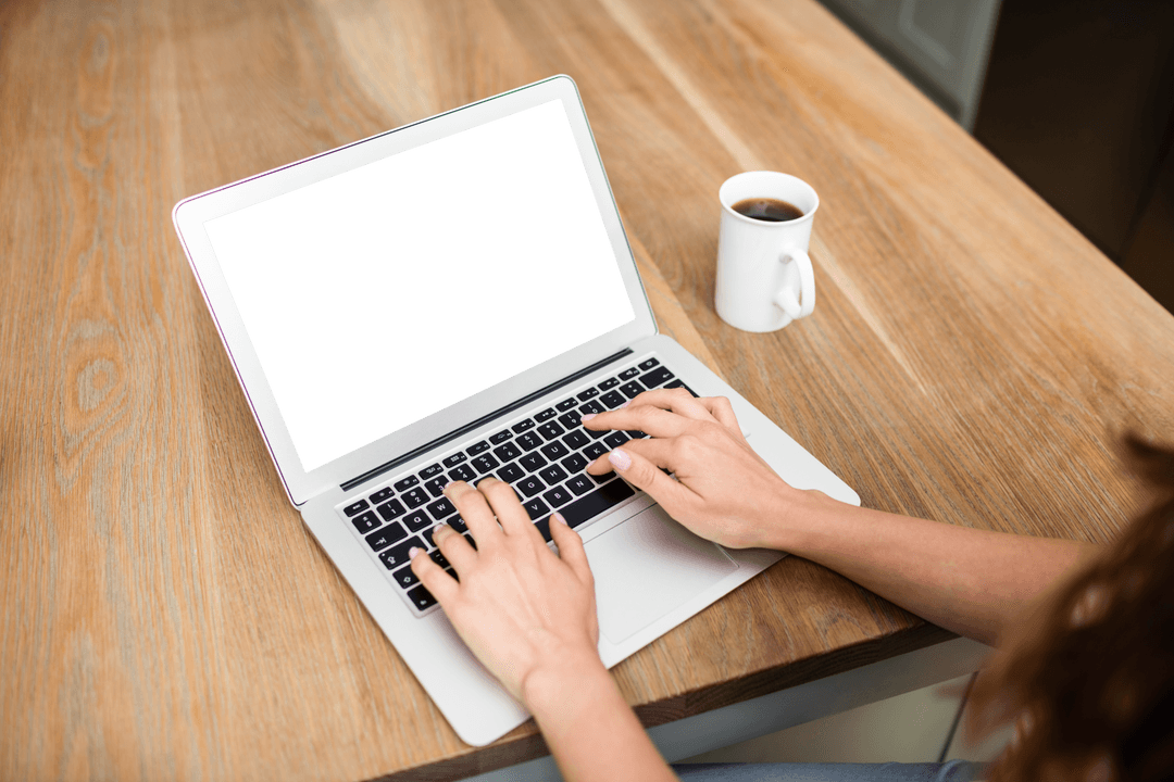 Transparent Background Female Using Laptop at Wooden Desk